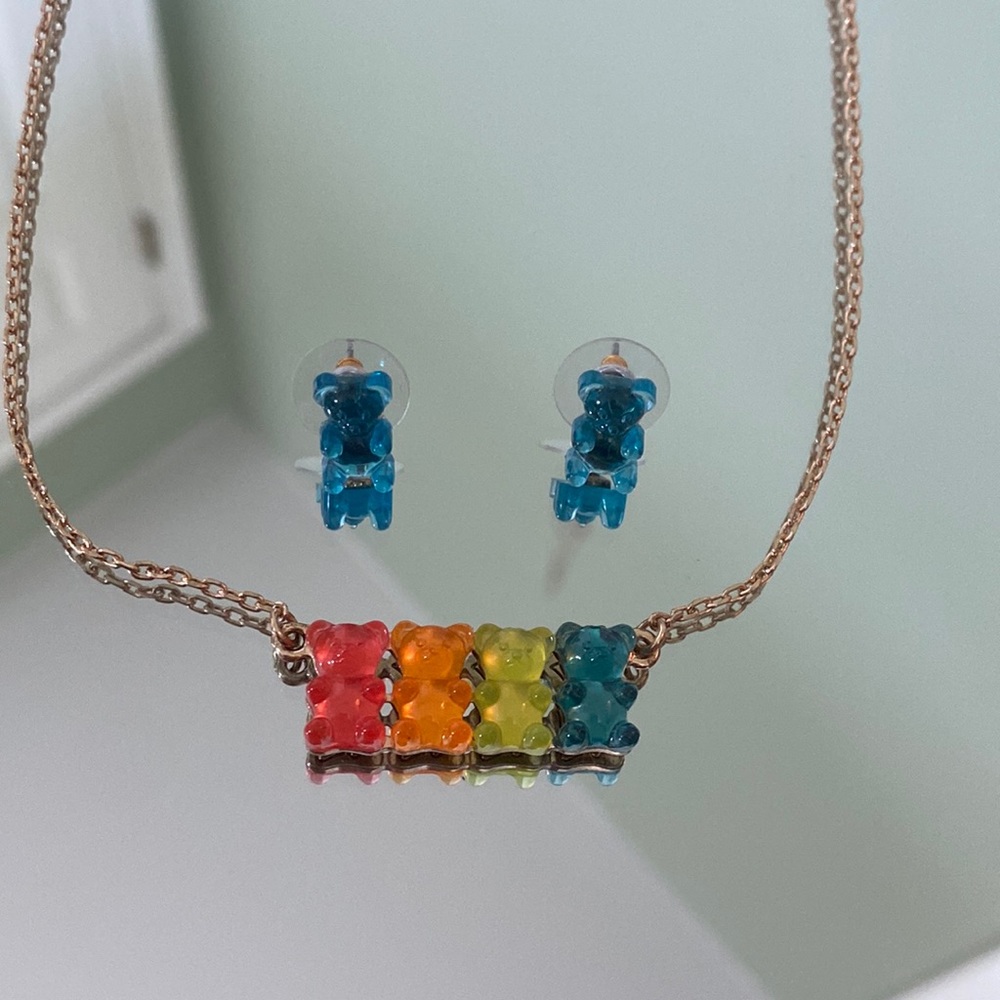 Colorful teddy bear necklace and earring set
